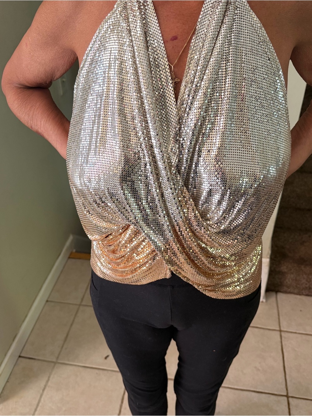 Whiting & Davis Silver and Gold Draped Sequin Halter Cami